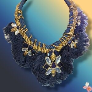 Veronese Boho Tassel Statement Necklace Gold Tone Navy Fringe Bib READ